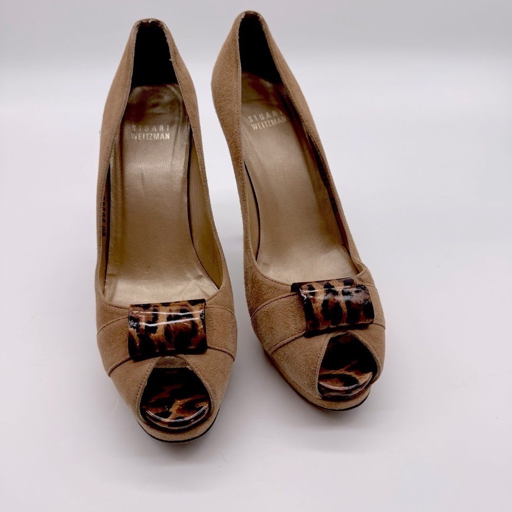 Stuart Weitzman Tan Peep-Toe Heels with Leopard Accent
